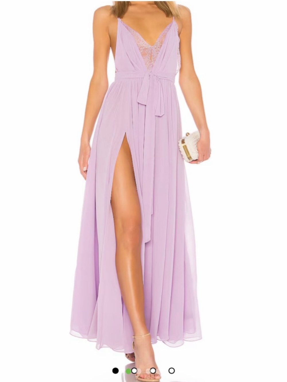 Michael Costello Lavender Lace-Trim Maxi Dress with High Slit